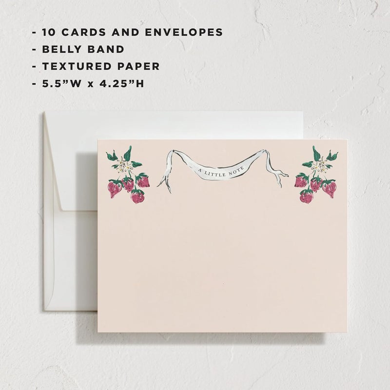 Minted Strawberry Queen Stationery Set, Set of 10, Flat Note Cards & Envelopes for Invitiations and Handwritten Thank You Messages, Strawberries & Vintage Banner, Gifts for Women, Luxurious Paper - Image 3
